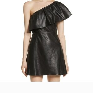 A.L.C. One-Shoulder Black Leather Ruffle Dress
